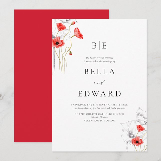 Elegant Poppy Red WildFlowers Formal Wedding Invitation (Front/Back)