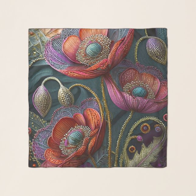 Elegant Poppy Tapestry, Royal red and Purple Scarf (Front)