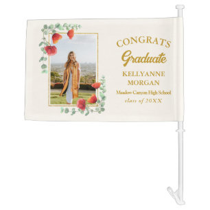 Elegant Poppy Watercolor Floral 2 Photo Graduation Car Flag