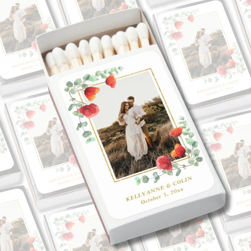 Elegant Poppy Watercolor Photo Wedding Favor Matchboxes
