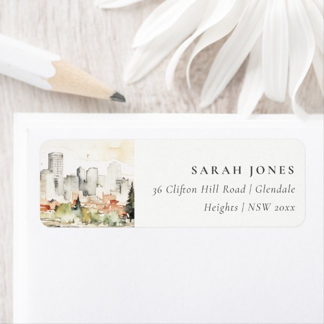 Elegant Portland Oregon Skyline Watercolor Address Label (Insitu)