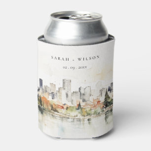 Elegant Portland Oregon Skyline Watercolor Wedding Can Cooler