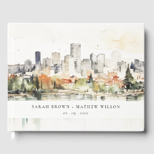 Elegant Portland Oregon Skyline Watercolor Wedding Guest Book