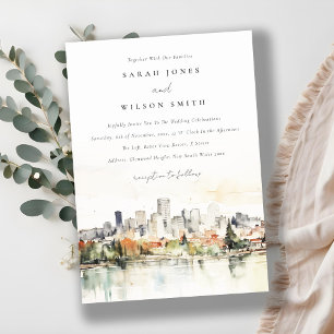 Elegant Portland Oregon Skyline Watercolor Wedding Invitation