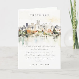 Elegant Portland Oregon Skyline Watercolor Wedding Letterpress Thank You Card