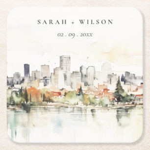 Elegant Portland Oregon Skyline Watercolor Wedding Square Paper Coaster