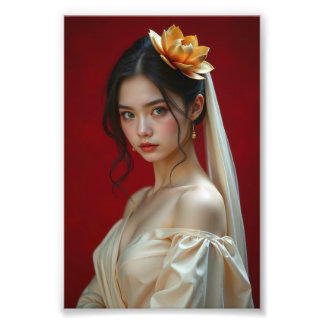 Elegant Portrait of a Young Woman with Golden Lotu Photo Print