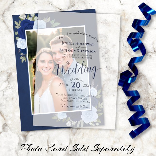 Elegant Posh Navy Blue Script Calligraphy Wedding Vellum Invitations (Underlay Card Sold Separately)