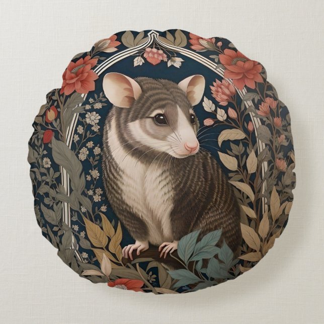 Elegant Possum William Morris Inspired Floral Round Pillow (Front)