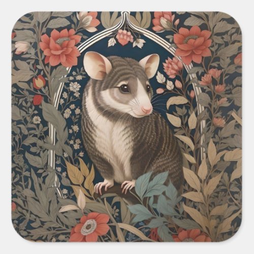 Elegant Possum William Morris Inspired Floral Square Sticker
