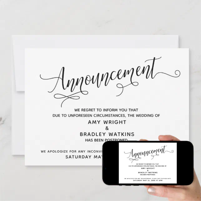Elegant Postponed Wedding Announcement Card | Zazzle
