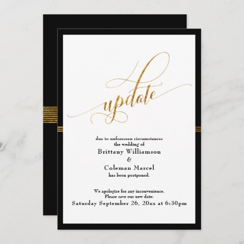 Elegant Postponed Wedding Black  Gold Stripe Card
