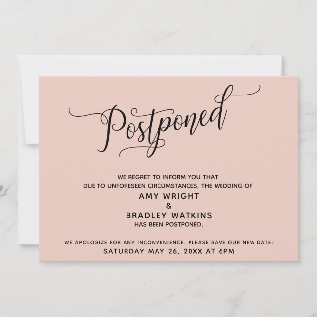 Elegant Postponed Wedding Blush Pink Announcement (Front)