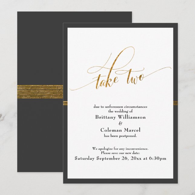 Elegant Postponed Wedding Gray & Gold Stripe Card (Front/Back)