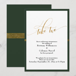 Elegant Postponed Wedding Green & Gold Stripe Card
