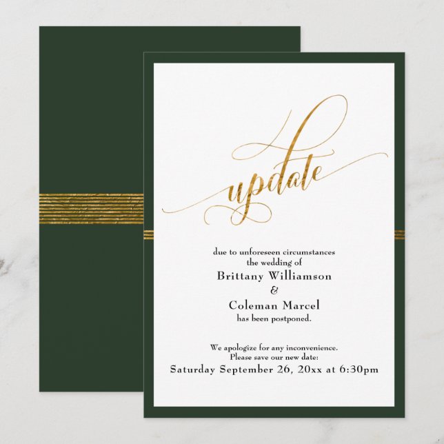 Elegant Postponed Wedding Green & Gold Stripe Card (Front/Back)
