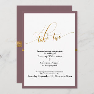 Elegant Postponed Wedding Mauve & Gold Stripe Card