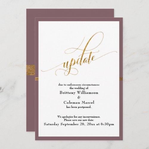 Elegant Postponed Wedding Mauve Gold Stripe Card