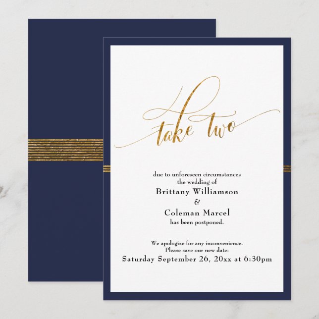 Elegant Postponed Wedding Navy & Gold Stripe Card (Front/Back)