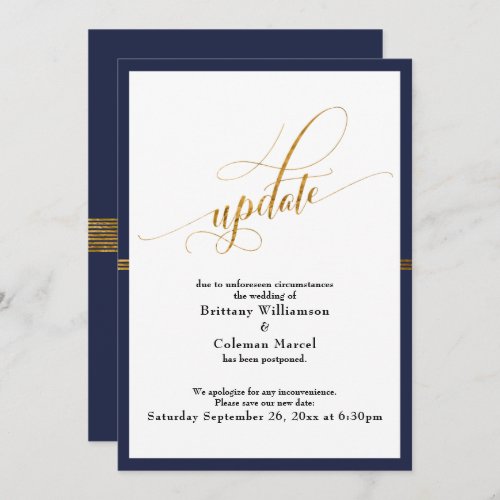 Elegant Postponed Wedding Navy  Gold Stripe Card