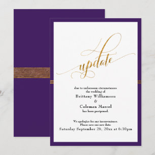 Elegant Postponed Wedding Purple Gold Stripe Card