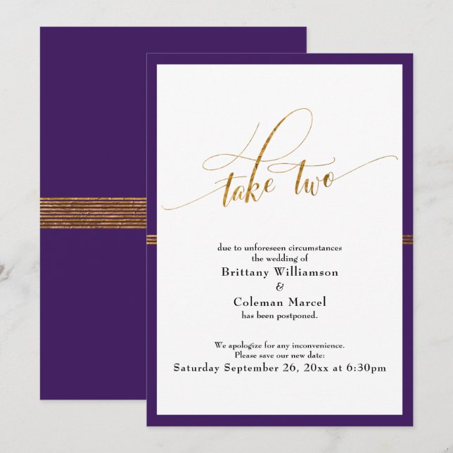 Elegant Postponed Wedding Purple Gold Stripe Card (Front/Back)