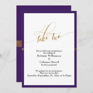 Elegant Postponed Wedding Purple Gold Stripe Card
