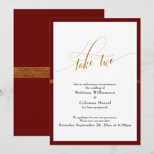 Elegant Postponed Wedding Red & Gold Stripe Card (Front/Back)
