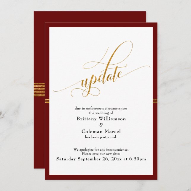Elegant Postponed Wedding Red Gold Stripe Card (Front/Back)