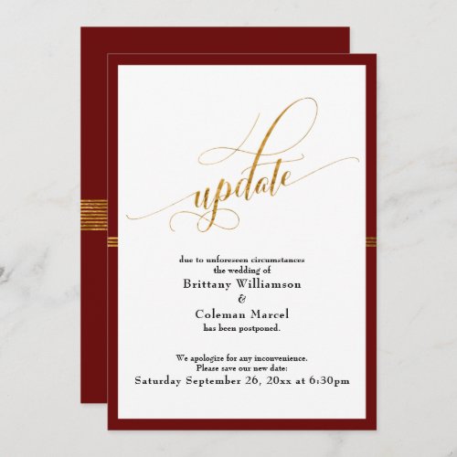 Elegant Postponed Wedding Red Gold Stripe Card