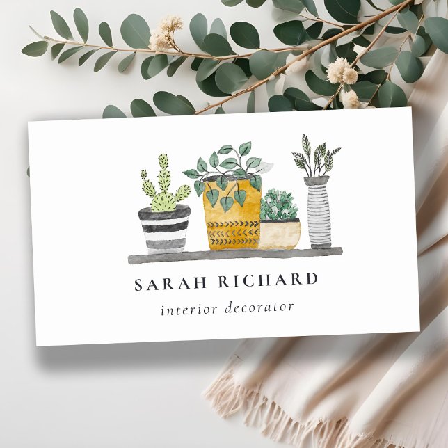Elegant Potted House Plants Watercolor Botanical  Business Card (Creator Uploaded)