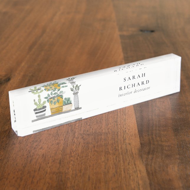 Elegant Potted House Plants Watercolor Botanical  Desk Name Plate (Side)