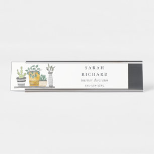 Elegant Potted House Plants Watercolor Botanical Desk Name Plate