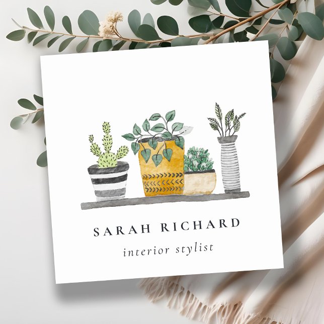 Elegant Potted House Plants Watercolor Botanical  Square Business Card (Creator Uploaded)