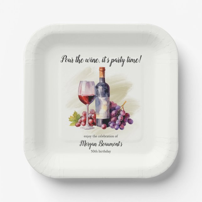 Elegant Pour The Wine Themed 50th Birthday Party Paper Plates (Front)