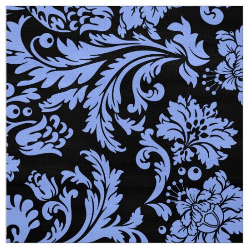Elegant Powder Blue  Black Floral Damasks Fabric