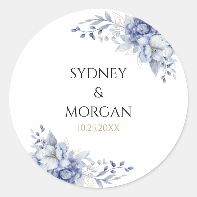 Elegant Powder Blue & Floral Design Wedding  Classic Round Sticker (Front)