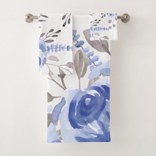 Elegant Powder Blue Floral Watercolor Bath Towel Set