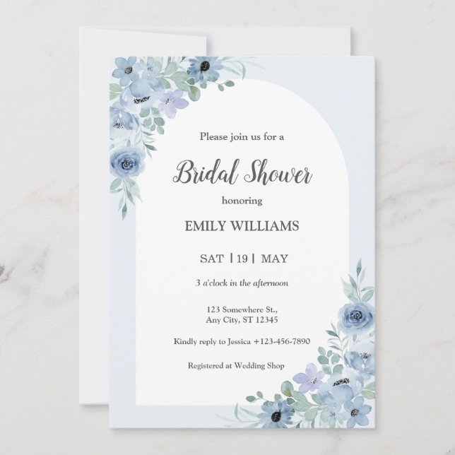 Elegant Powder Blue Flowers Bridal Shower Invitation (Front)