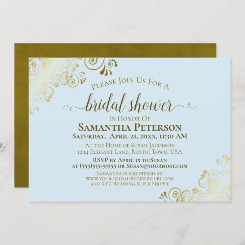 Elegant Powder Blue Gold Lace Frills Bridal Shower Invitation