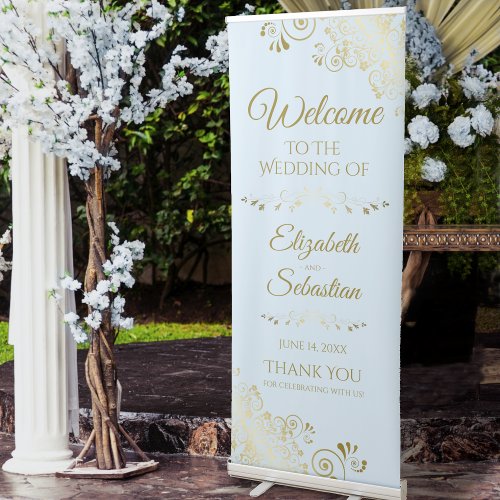 Elegant Powder Blue  Gold Lacy Wedding Welcome Retractable Banner