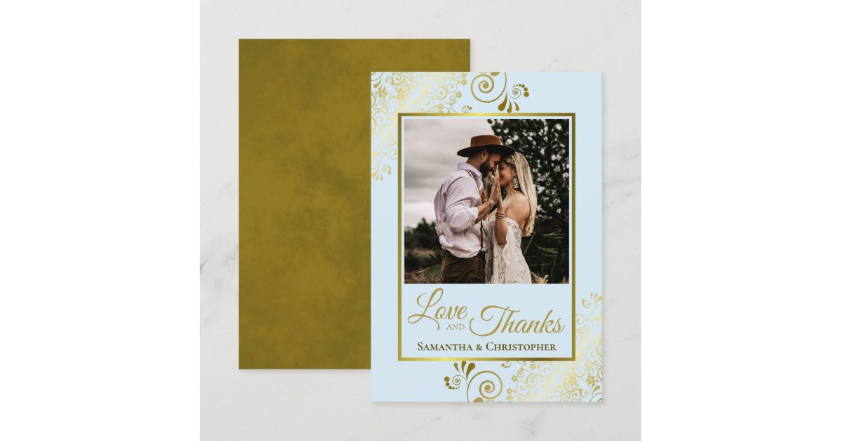 Elegant Powder Blue & Gold Love & Thanks Wedding Thank You Card | Zazzle
