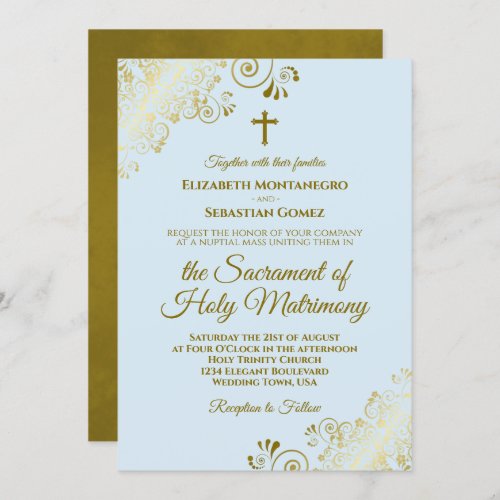 Elegant Powder Blue  Gold Modern Catholic Wedding Invitation