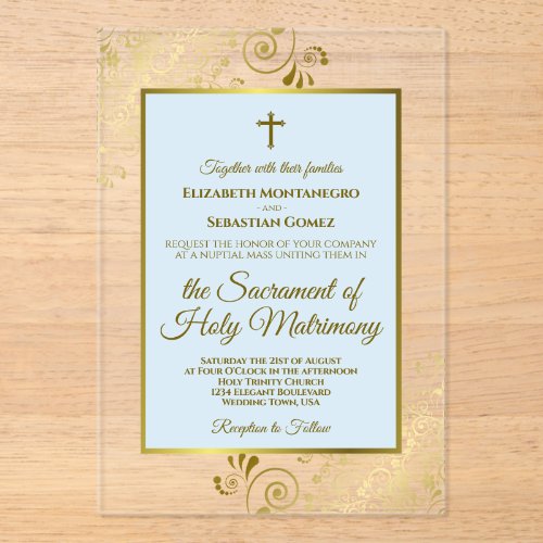 Elegant Powder Blue &amp; Gold Ornate Catholic Wedding Acrylic Invitations