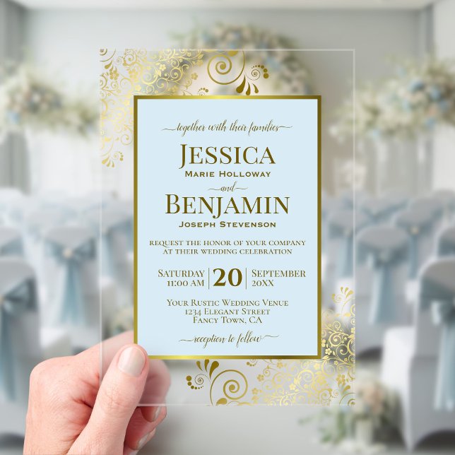 Elegant Powder Blue & Gold Stylish Text Wedding Acrylic Invitations (Clear Acrylic with Rectangle Cut)