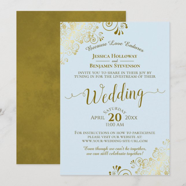 Elegant Powder Blue & Gold Wedding Livestream Invitation (Front/Back)