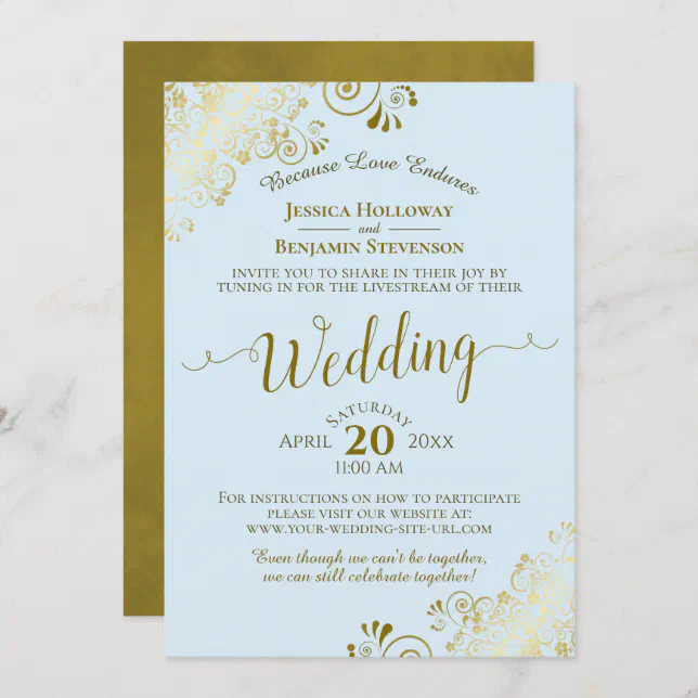 Elegant Powder Blue & Gold Wedding Livestream Invitation | Zazzle