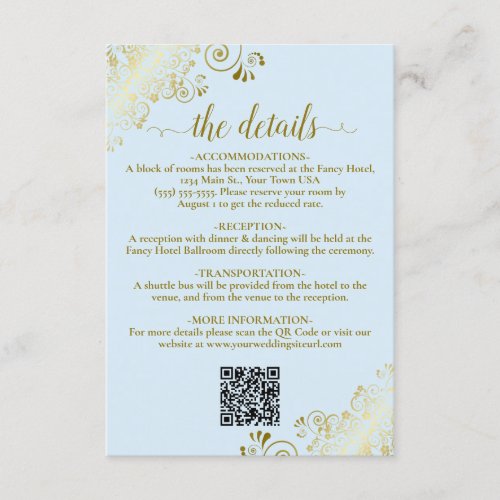 Elegant Powder Blue  Gold Wedding QR Code Details Enclosure Card