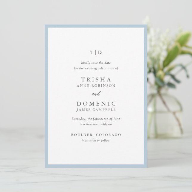 Elegant Powder Blue Monogram Modern Wedding Save The Date (Standing Front)