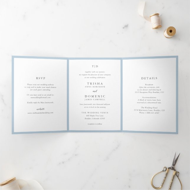 Elegant Powder Blue Monogram Modern Wedding Tri-Fold Invitation (Inside)